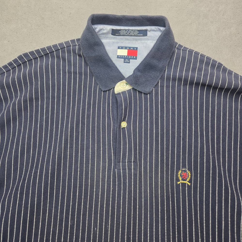Tommy Hilfiger Mens XL Blue Pinstripe Crest Logo Cotton Pique Polo Shirt